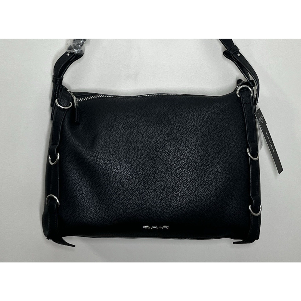 Tahari Avery Vegan Leather Hobo Bag Black Zip Top Large Tote Handbag